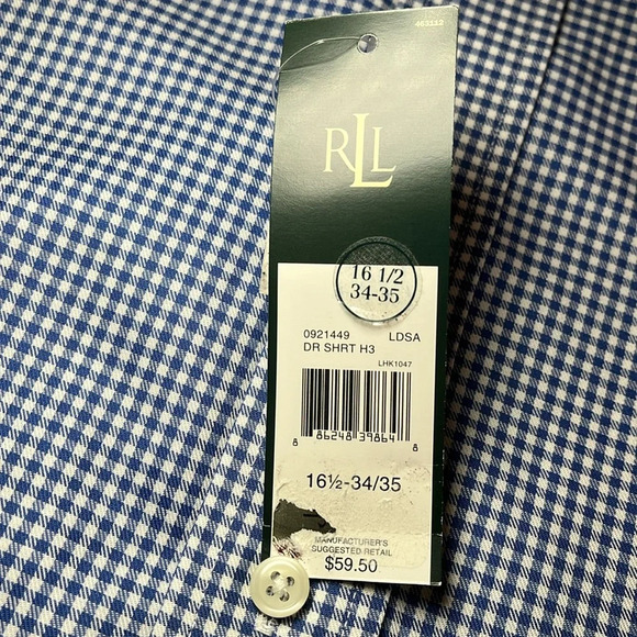 NWT LRL Cotton Dress Shirt Long Sleeve Men's 16.5 34/35 Blue White Check Preppy - Picture 8 of 16